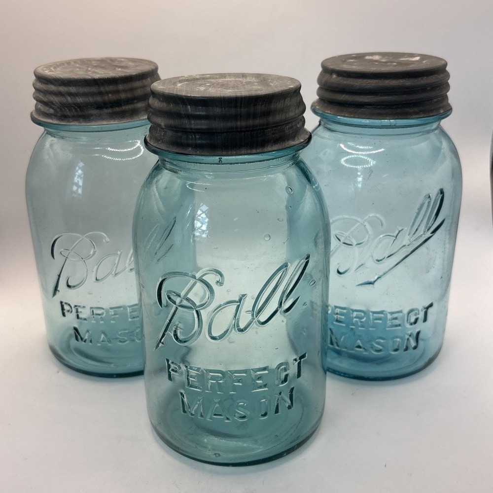 Vtg Aqua Blue Ball Perfect Mason Quart 32oz Jars Zinc Lids Set Of 3 Collectible